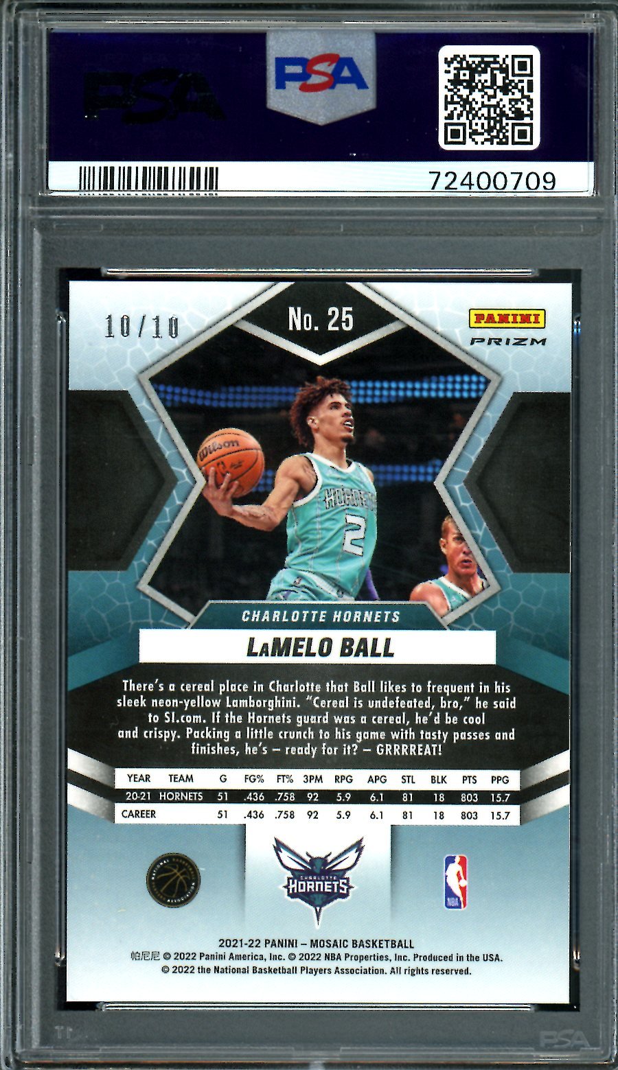 2021/22 Panini Mosaic LaMelo Ball Green Swirl /10 Hornets PSA 9