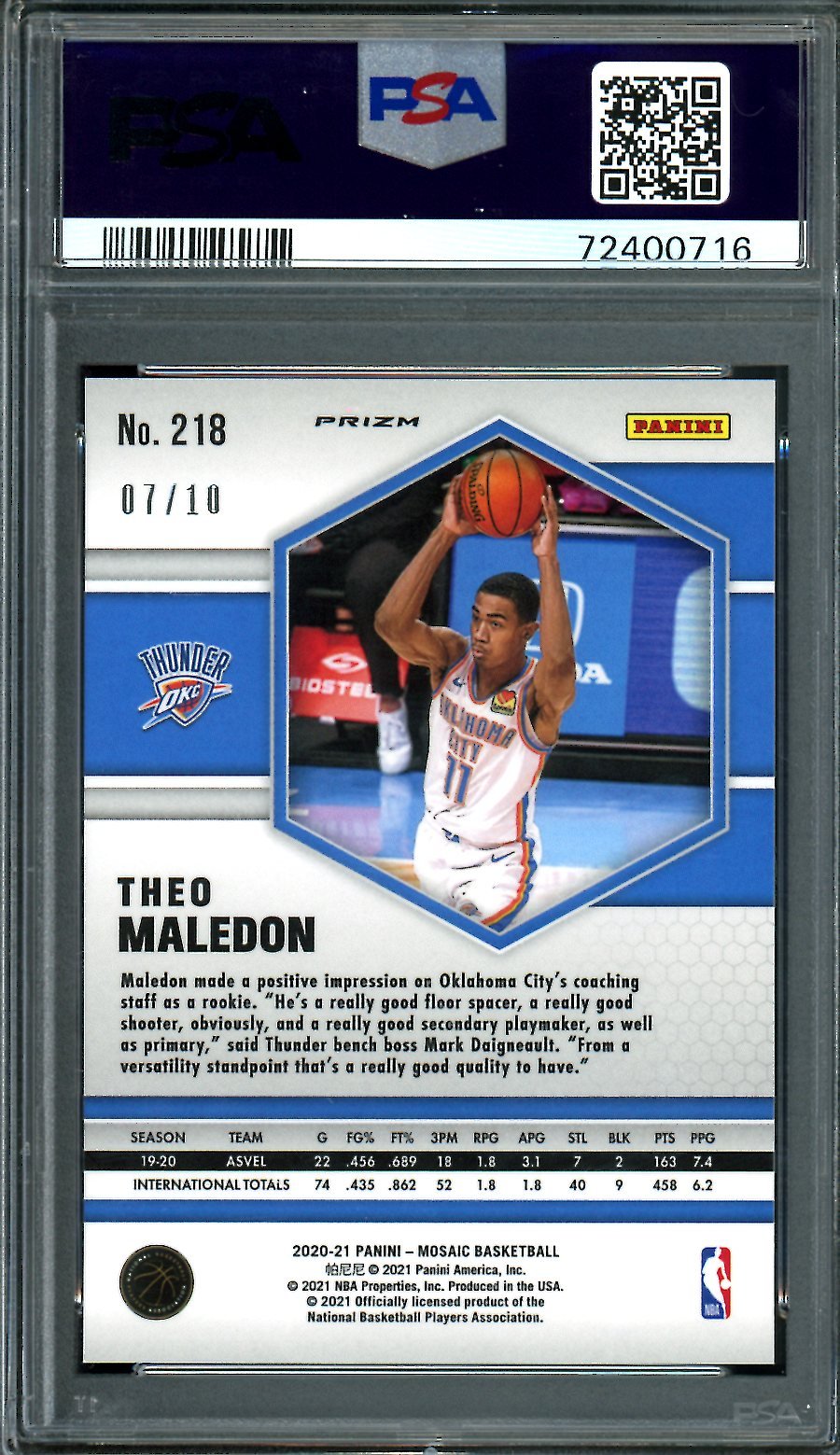 2020/21 Panini Mosaic Theo Maledon Rookie Gold Mosaic Thunder PSA 10