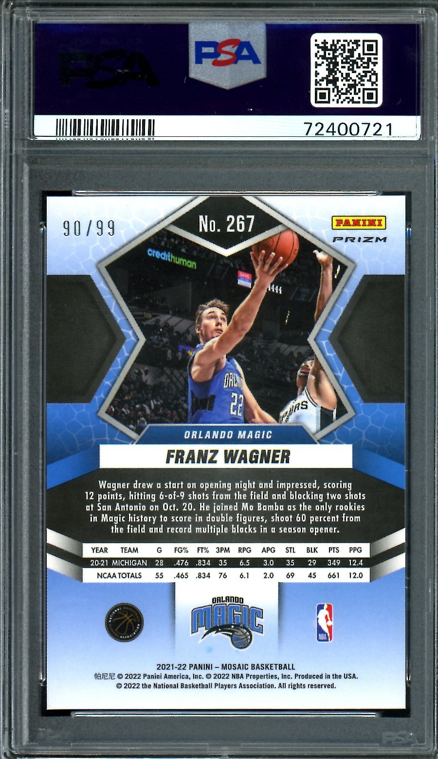 2021/22 Panini Mosaic Franz Wagner Rookie Blue Mosaic /99 Magic PSA 9