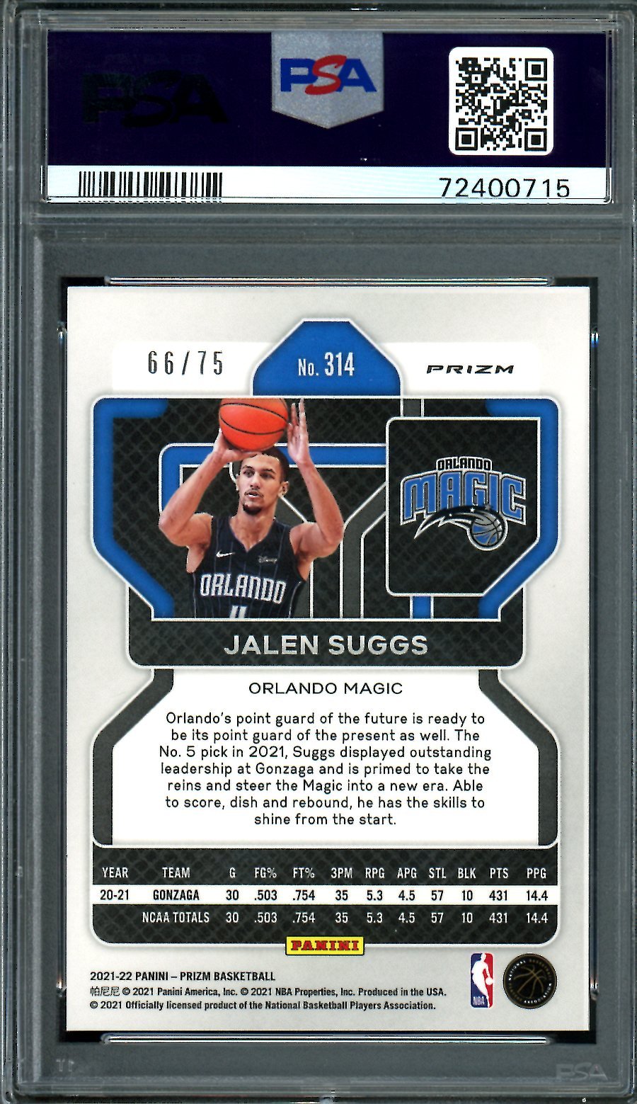 2021/22 Panini Prizm Jalen Suggs Rookie Fast Break Purple /75 Magic PSA 9