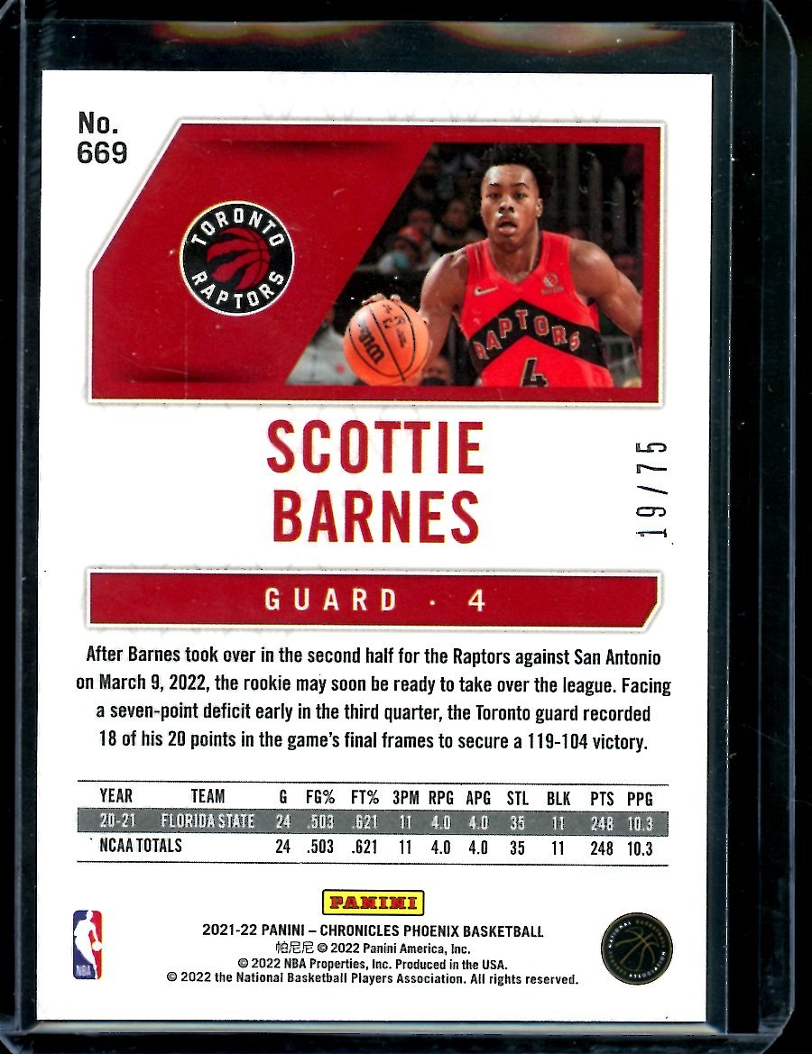 2021/22 Panini Chronicles Scottie Barnes Rookie /75 Raptors