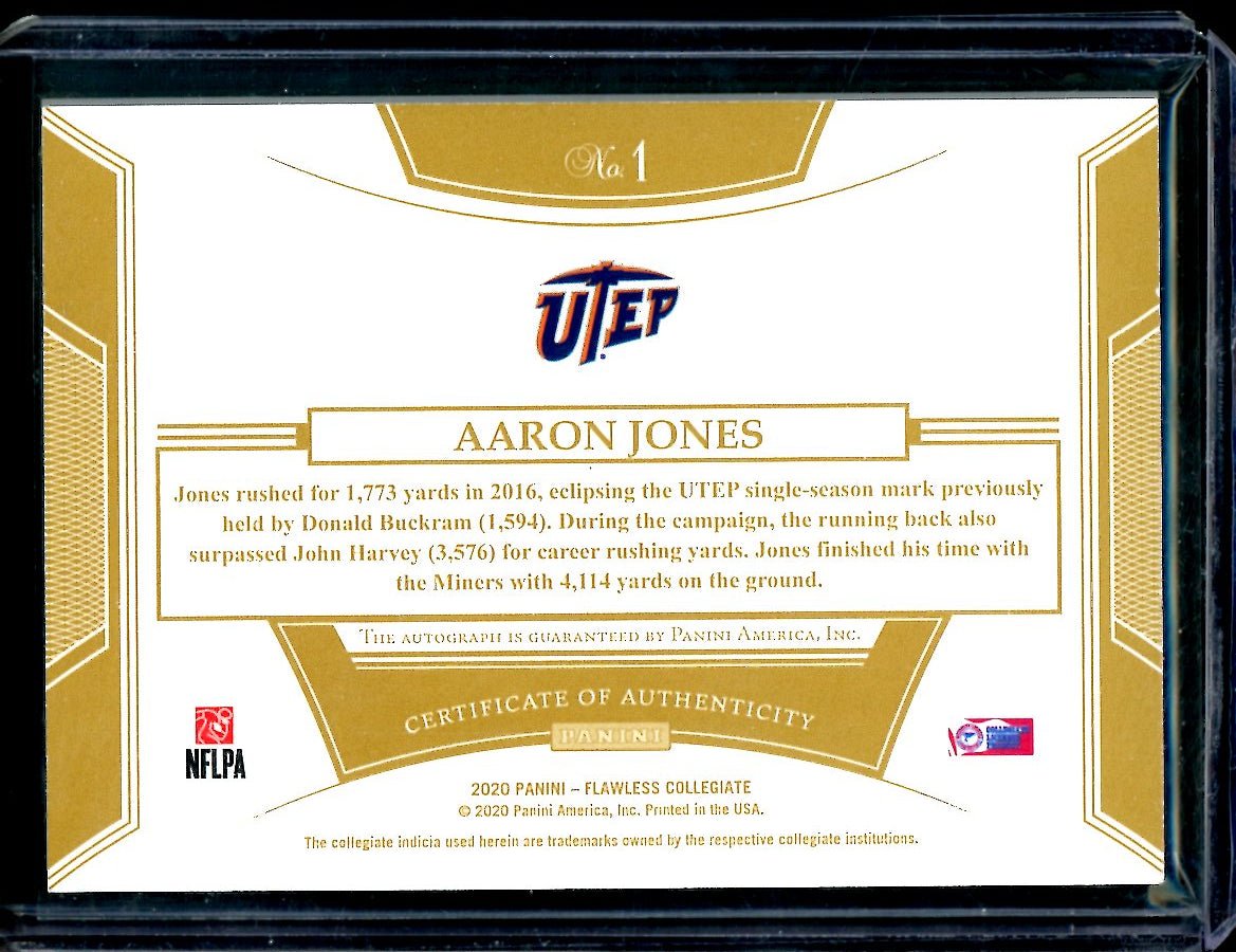 2020 Panini Flawless Collegiate Aaron Jones Team Slogan Signatures Gold /10 Utep