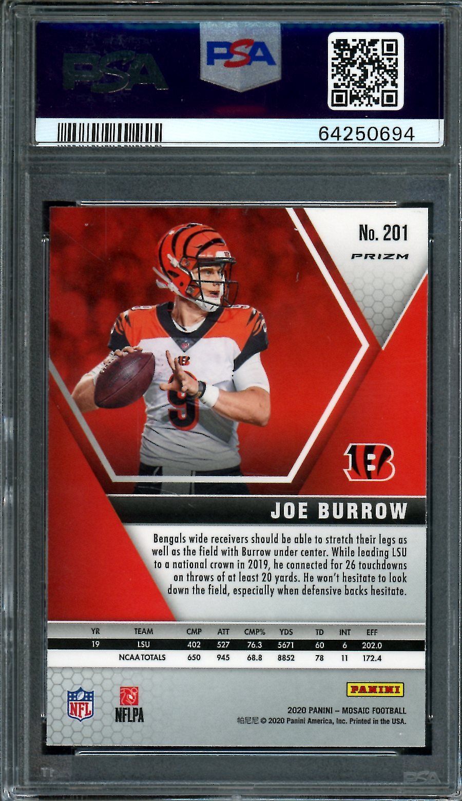 2020 Panini Mosaic Joe Burrow Rookie Reactive Blue PSA 10