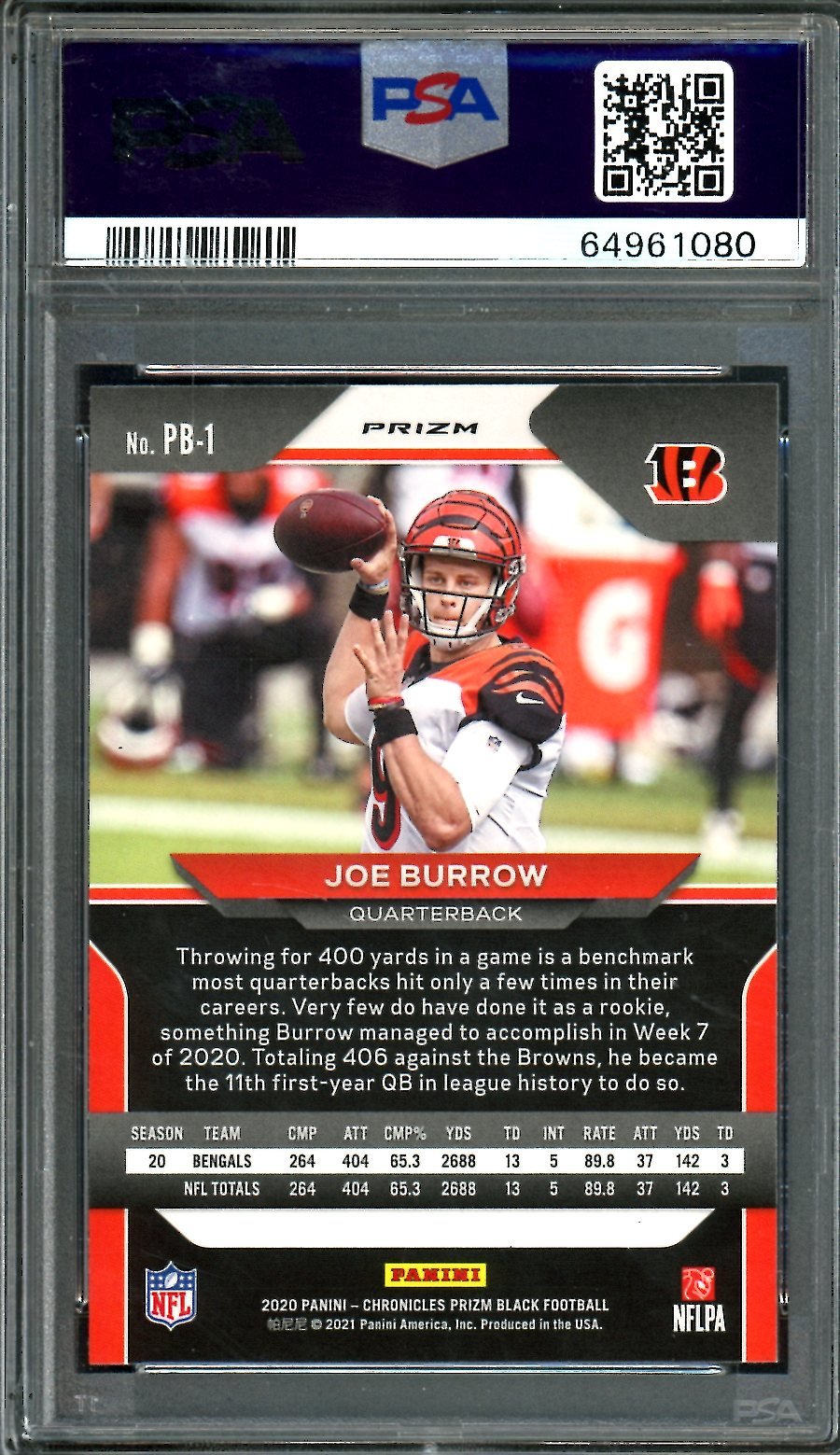 2020 Panini Chronicles Prizm Black Joe Burrow Rookie Silver PSA 9 Bengals