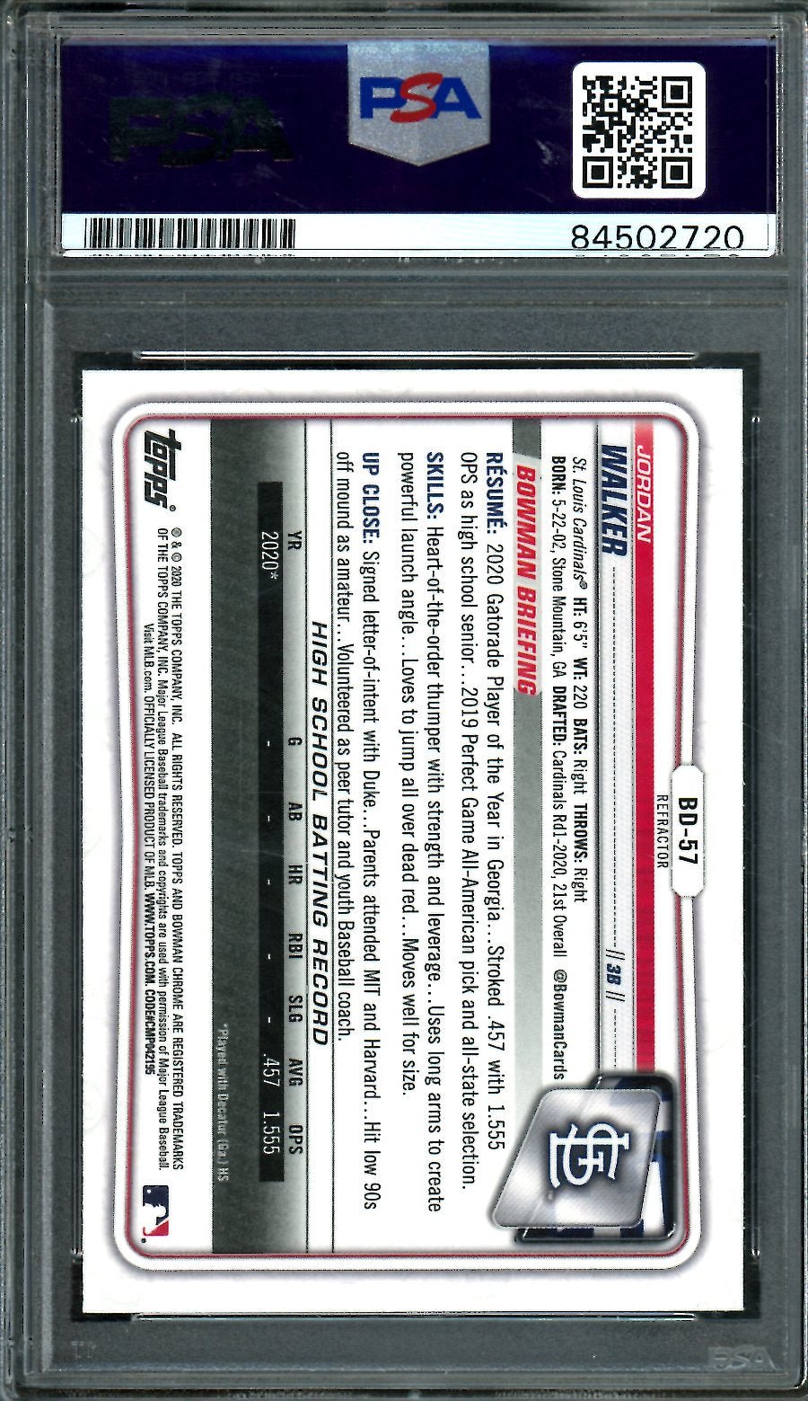 2020 Bowman Chrome Jordan Walker 1st Bowman Refactor PSA Authentic Auto Cardinals