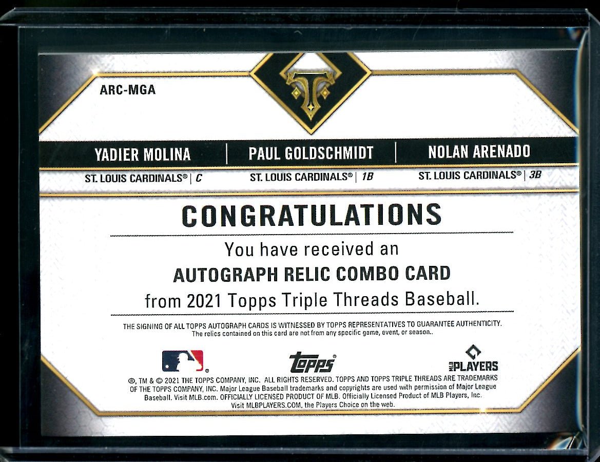 2021 Topps Triple Threads Yadier Molina/Paul Goldschmidt/Nolan Arenado Triple Patch Auto /18 Cardinals