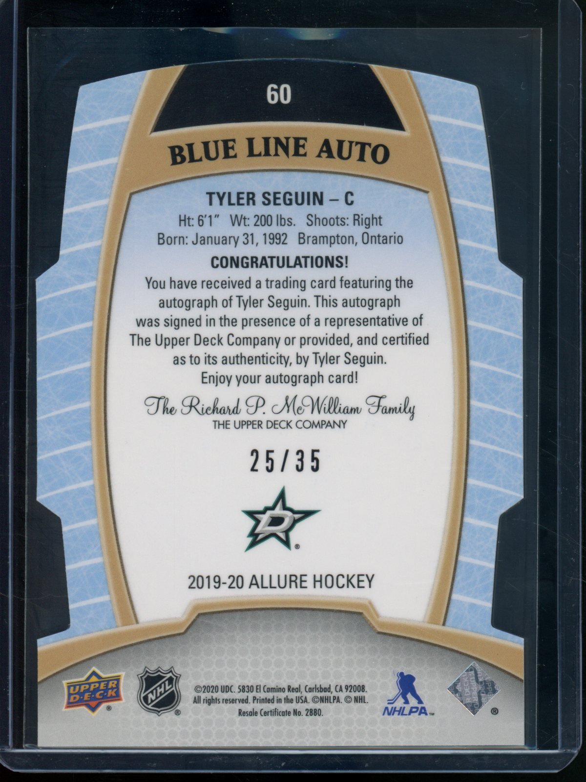 2020 Upper Deck Allure Tyler Seguin Blue Line Autograph /35 Stars