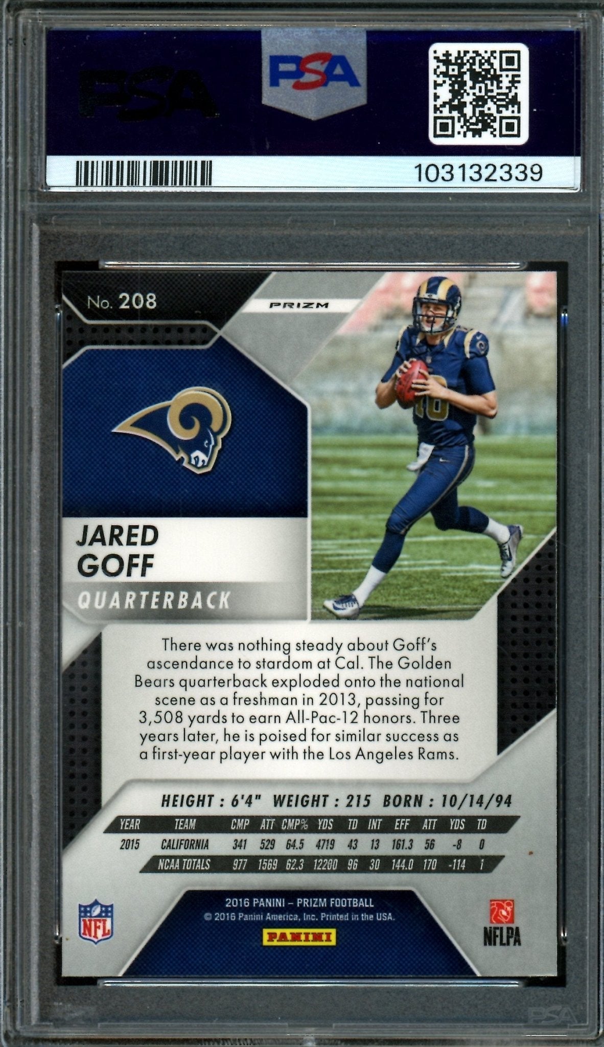 2016 Panini Prizm Jared Goff Silver Rookie PSA 9 Rams