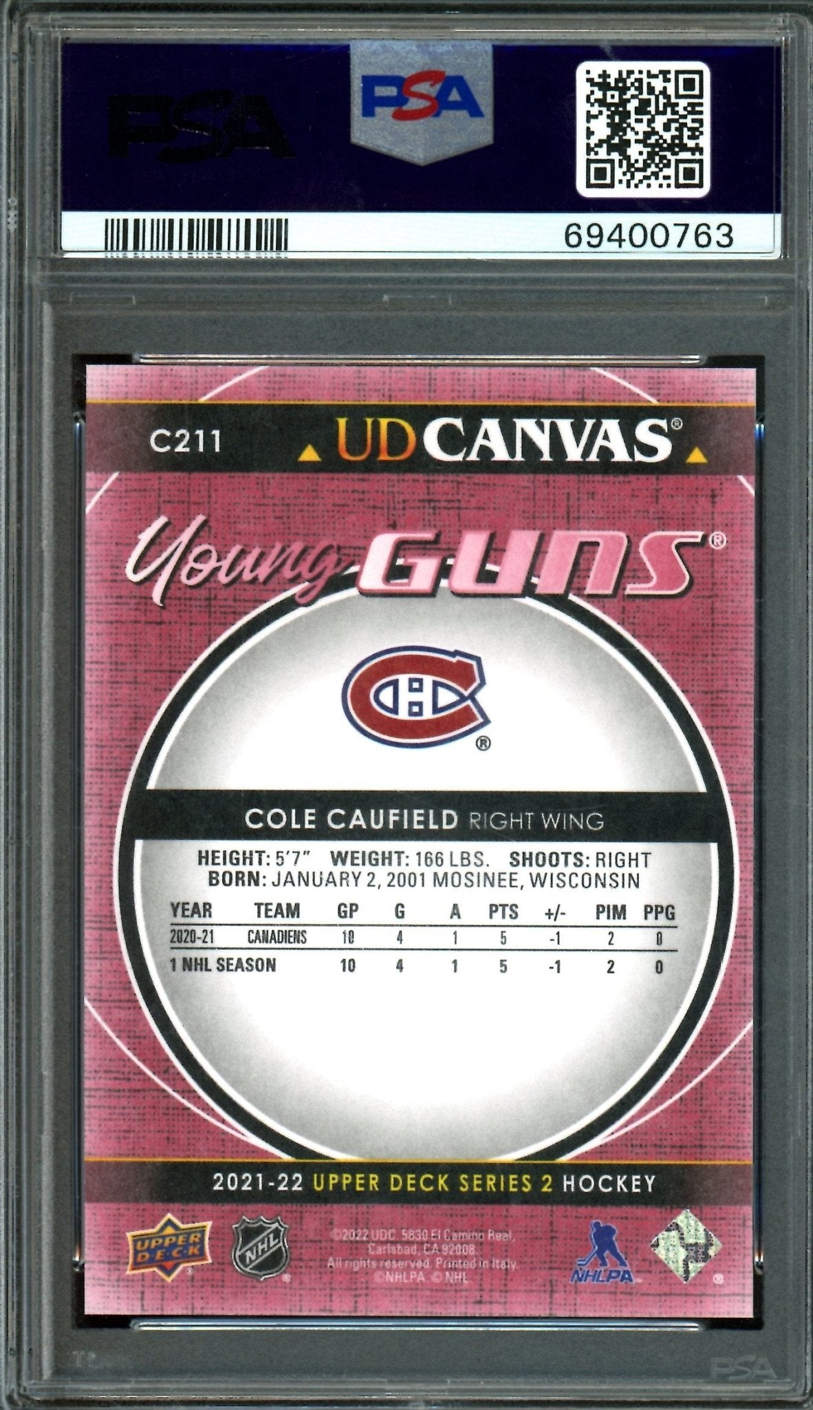 2021/22 Upper Deck Series 2 Cole Caufield UD Canvas Young Guns RC #C211 PSA 10 Canadiens