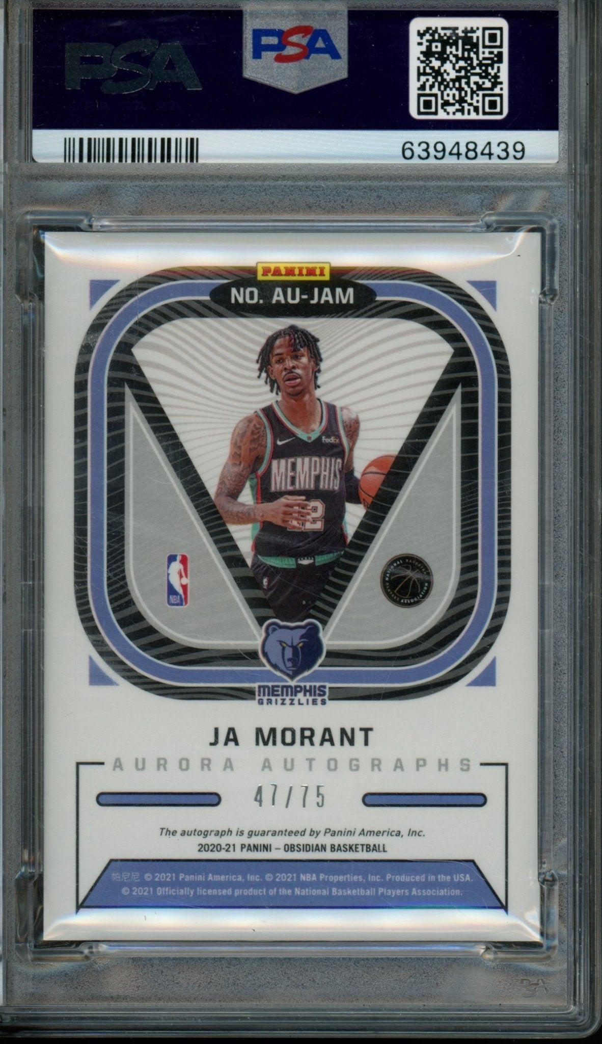 2020/21 Panini Obsidian Ja Morant Aurora Autograph Purple /75 PSA 9 Grizzlies