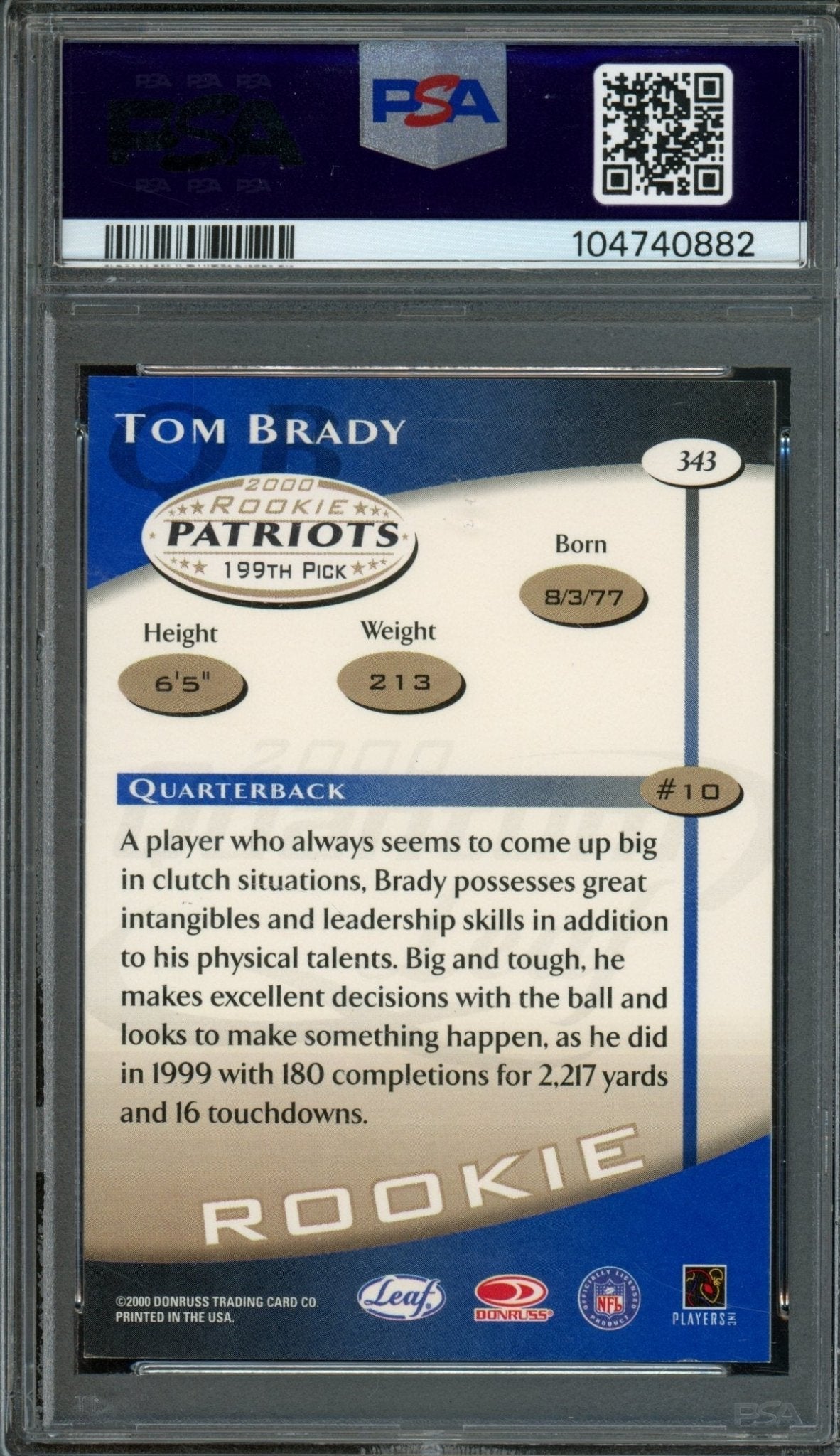 2000 Leaf Quantum Tom Brady Rookie RC #343 PSA 7 Patriots