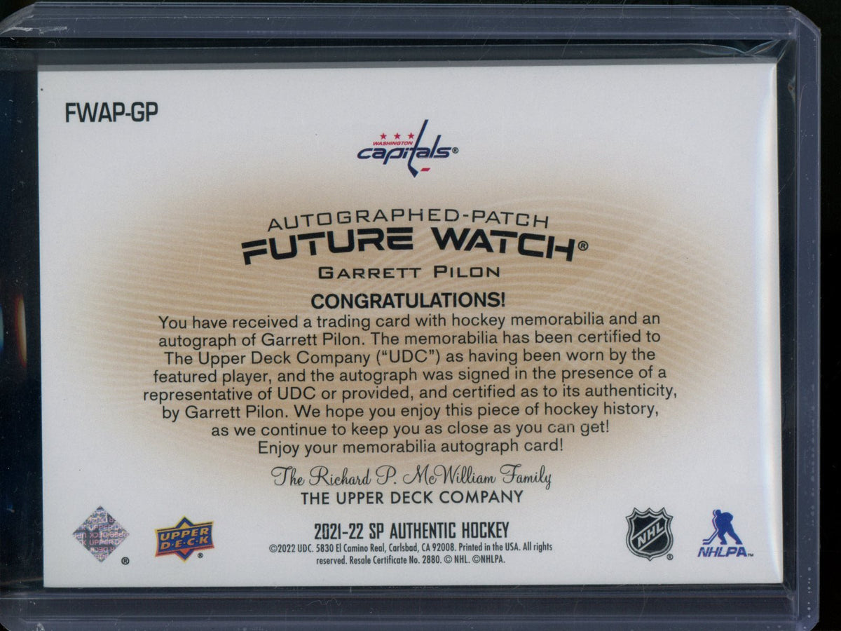 2021/22 Upper Deck SP Authentic Garrett Pilon Future Watch Jersey Relic Autograph /100 Capitals (B)