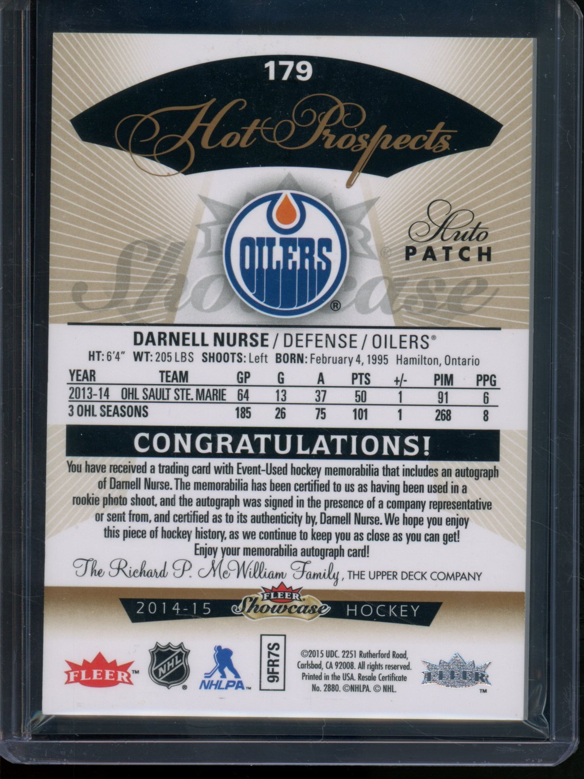 2014/15 Upper Deck Showcase Darnell Nurse Hot Prospects Relic Autograph /375 Oilers