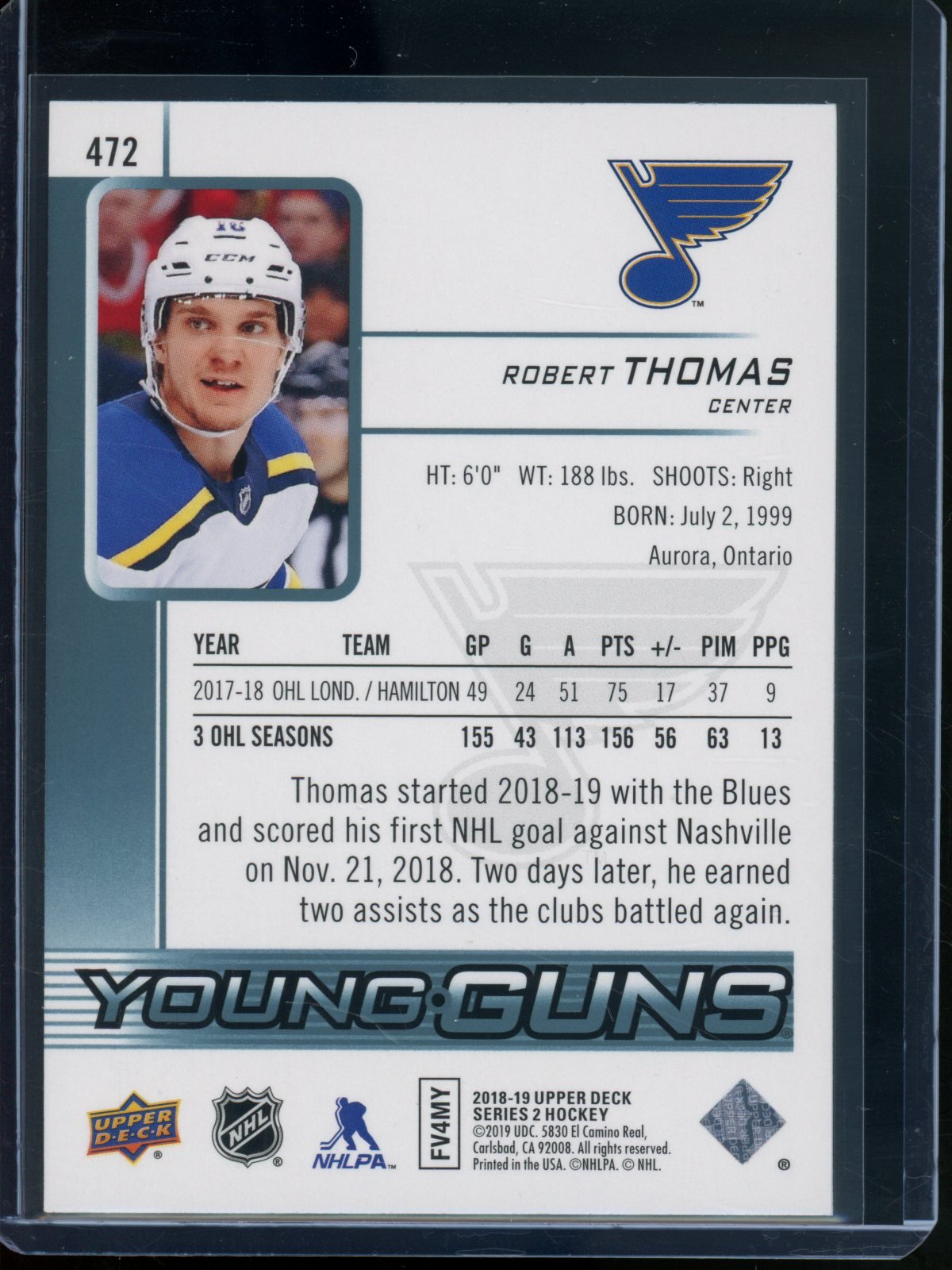 2018/19 Upper Deck Series 2 Robert Thomas Rookie RC Young Guns Blues