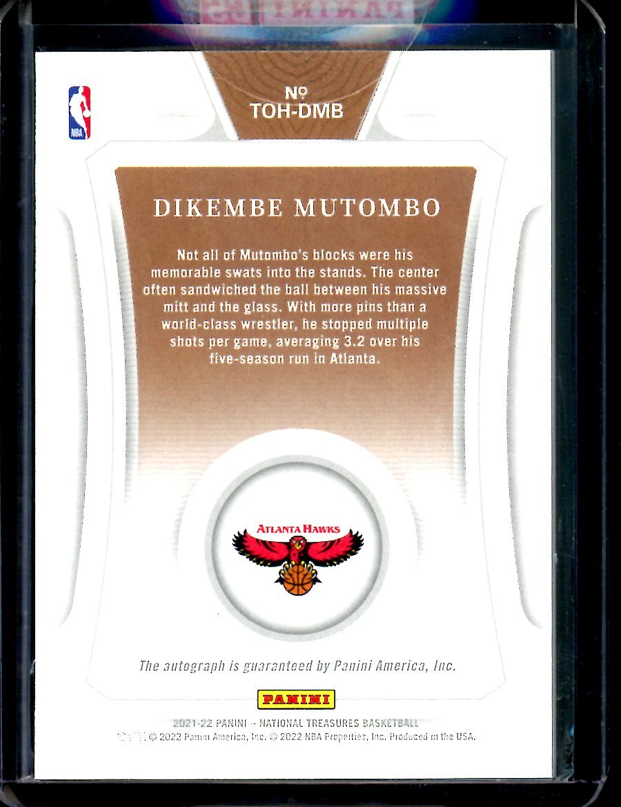 2021/22 Panini National Treasures Dikembe Mutombo HOF Auto /99 Hawks