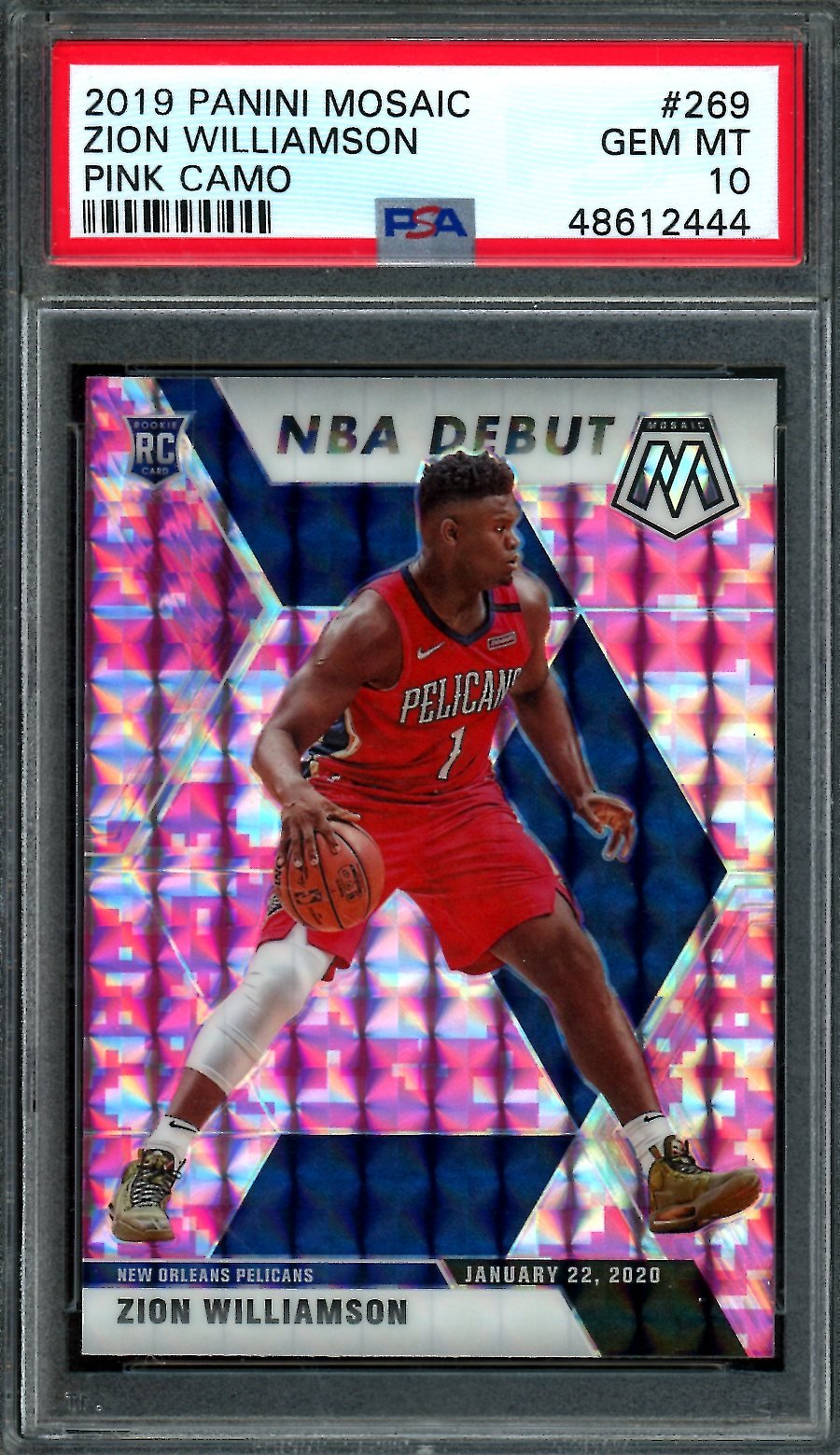 2019-20 Panini Mosaic Zion Williamson Rookie NBA Debut Pink Camo PSA 10 Pelicans