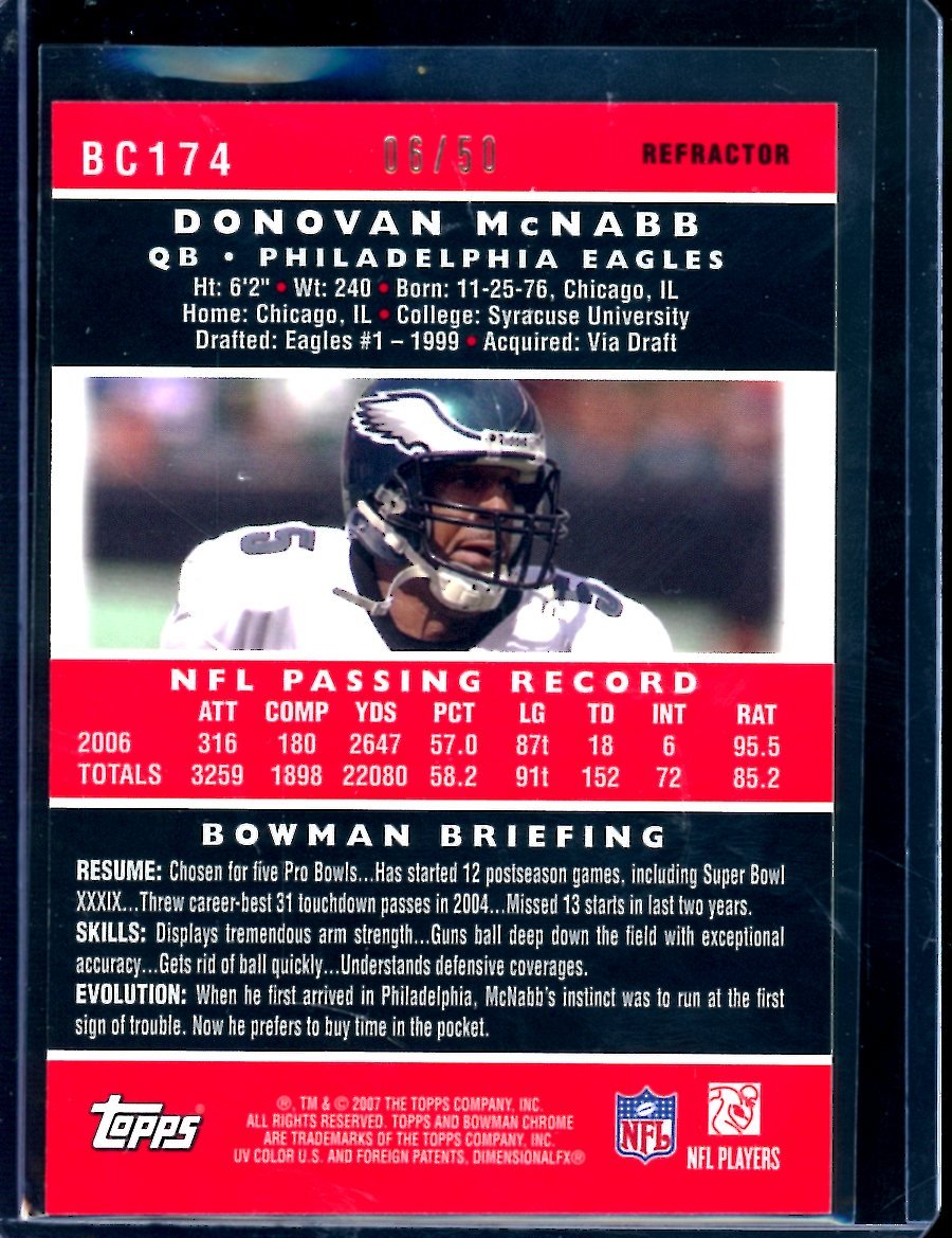 2007 Topps Bowman Chrome Donovan McNabb Gold Refractor /50 Eagles