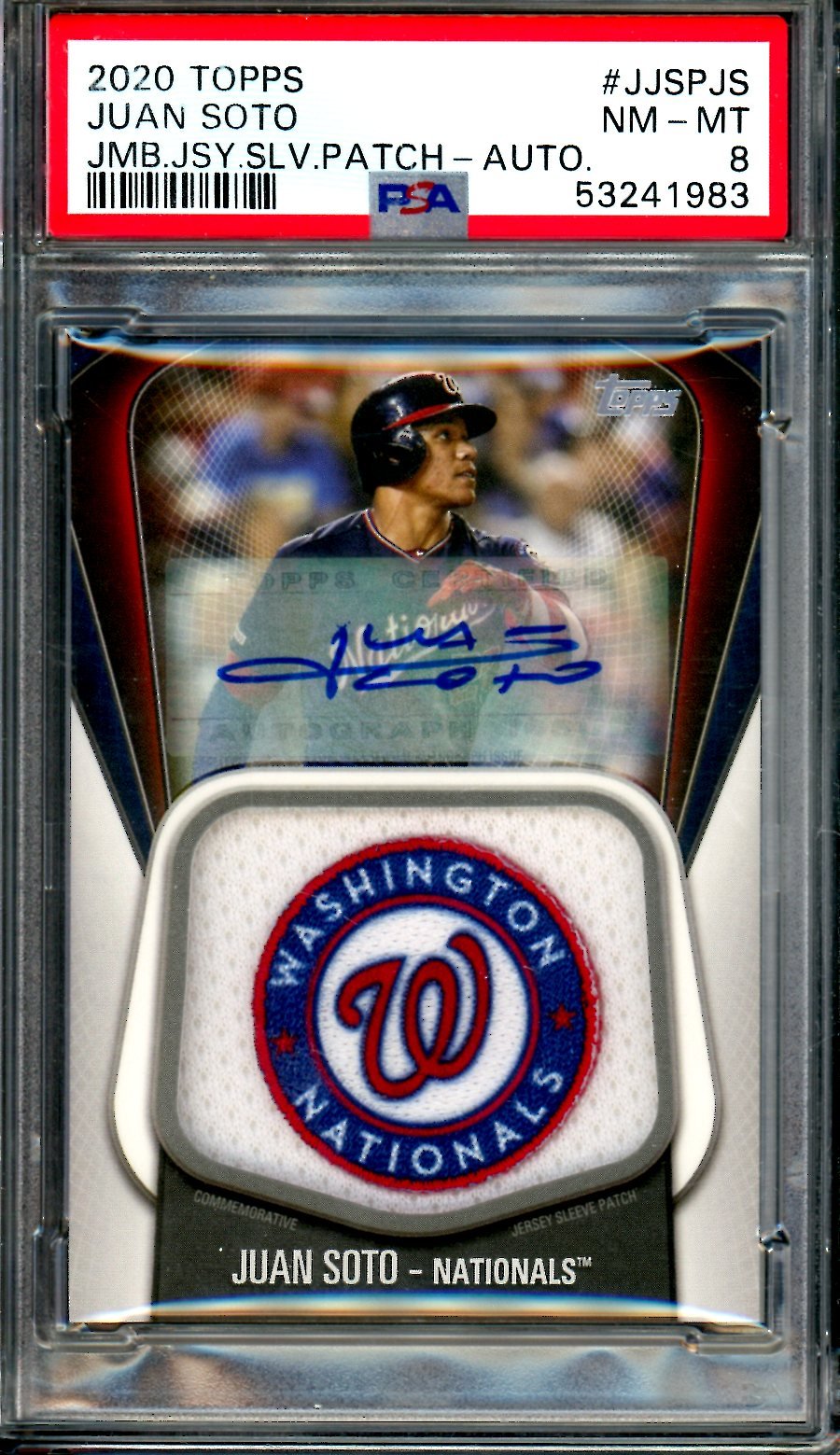 2020 Topps Series 1 Juan Soto Jumbo Jersey Sleve Patch Autograph /10 PSA 8 Nationals