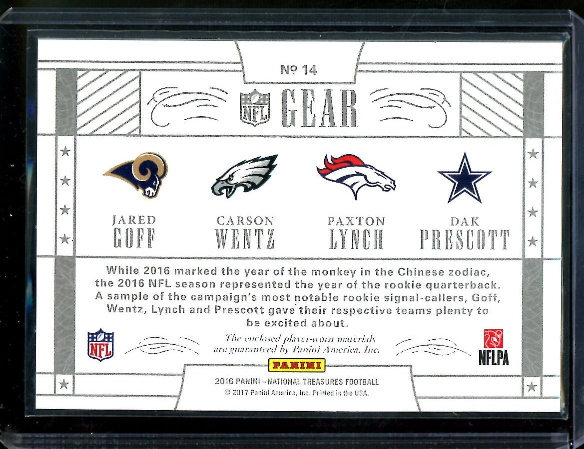 2016 Panini National Treasures Jared Goff/Carson Wentz/Paxton Lynch/Dak Prescott Rookie NFL Gear Quad Patch /99