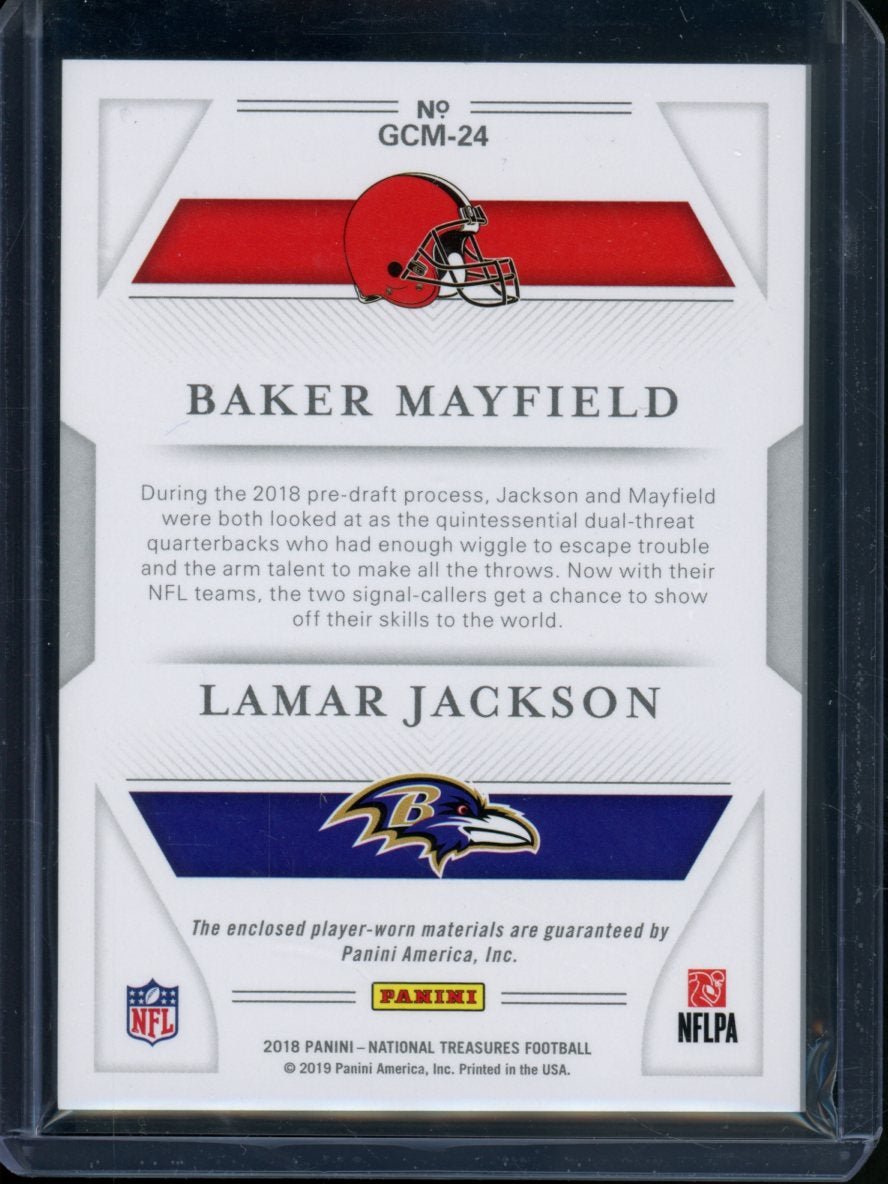 2018 Panini National Treasures Baker Mayfield/Lamar Jackson Rookie Combo Dual Patch /99