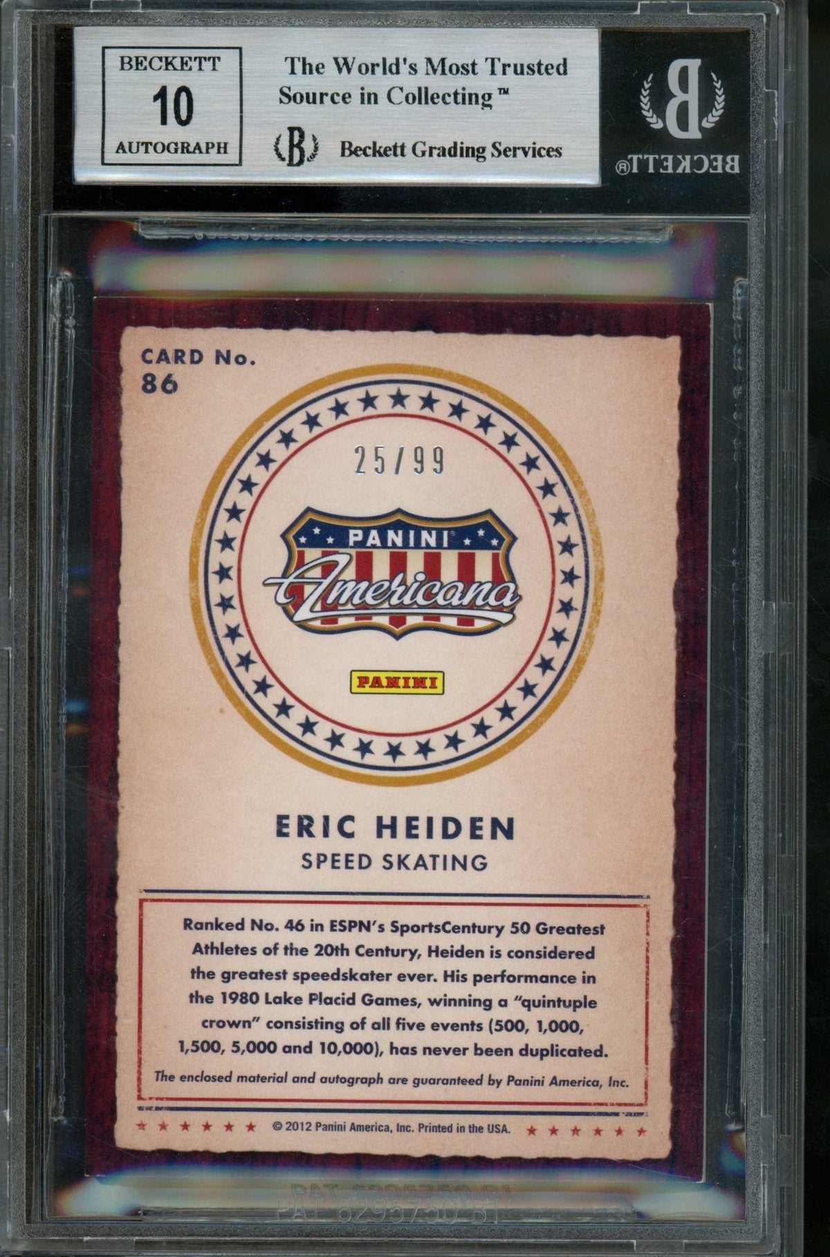 2012 Panini Heroes & Legends Eric Heiden Autograph Materials /99 BGS 9 USA