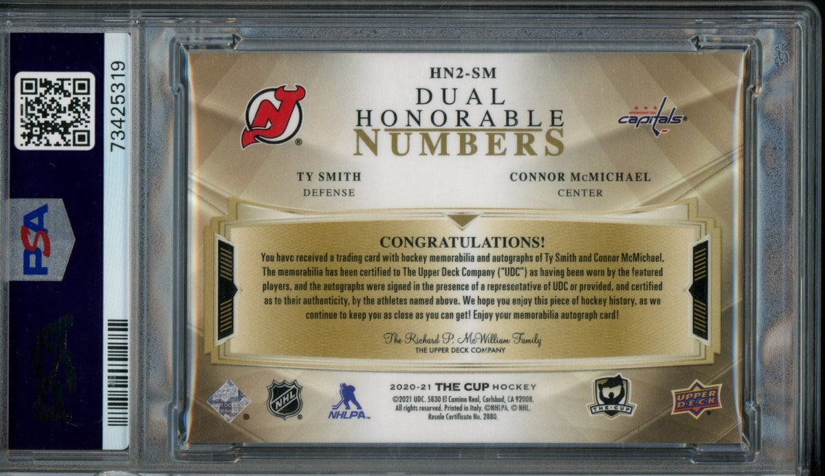 2020/21 Upper Deck The Cup Ty Smith / Connor McMichael Dual Honorable Patch Autograph /24 PSA 7