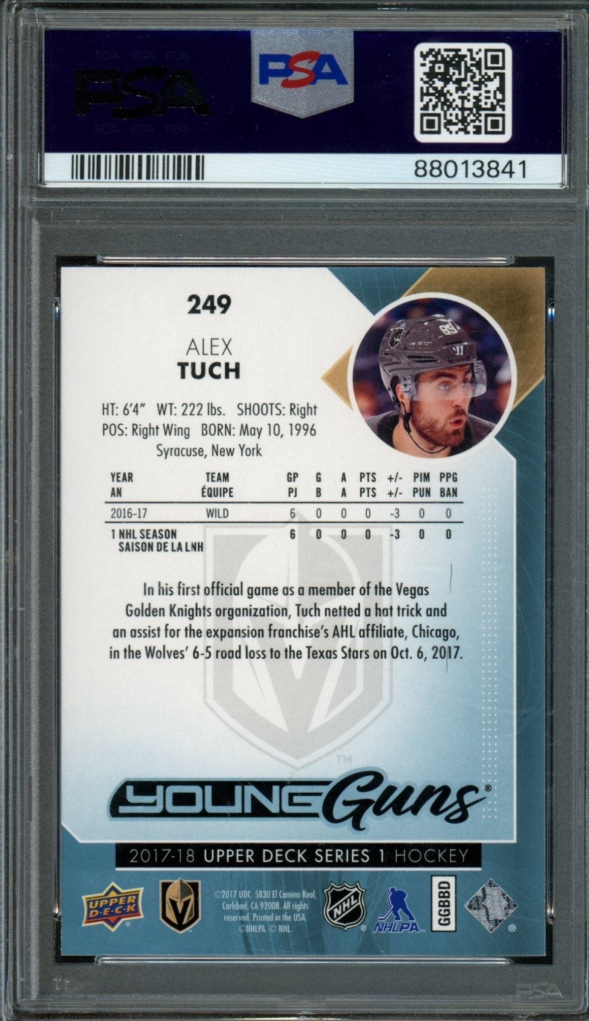 2017/18 Upper Deck Series 1 Alex Tuch Rookie RC Young Guns PSA 10 Golden Knights