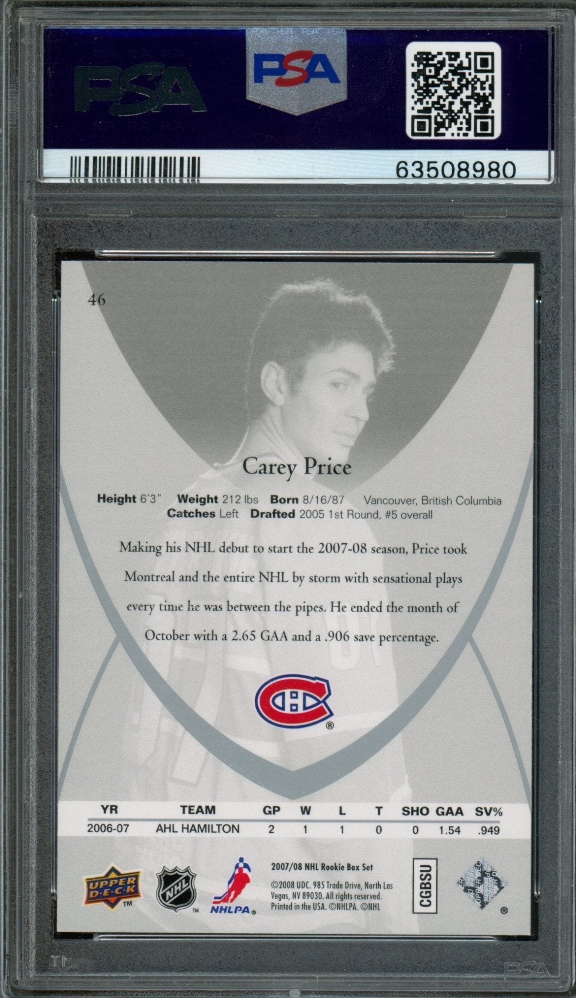 2007/08 Upper Deck Rookie Box Set Carey Price Rookie RC PSA 10 Canadiens